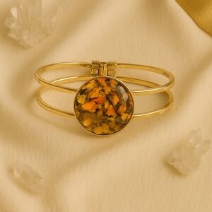 Tigers eye and tiger lily resin clamper bracelet silver tone